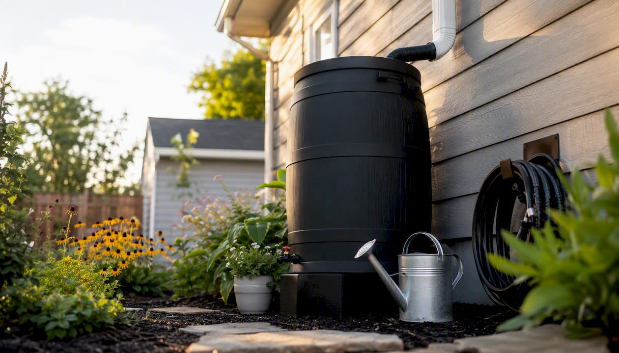 Rainwater barrel collecting roof runoff for garden