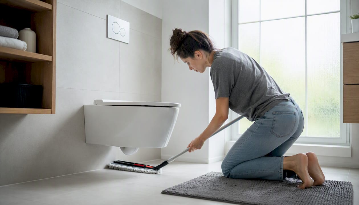 Hand mopping floor under wall-hung toilet