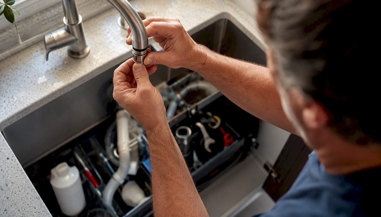 Hands installing low-flow faucet aerator