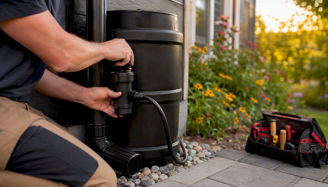 Technician adjusting rainwater harvesting diverter