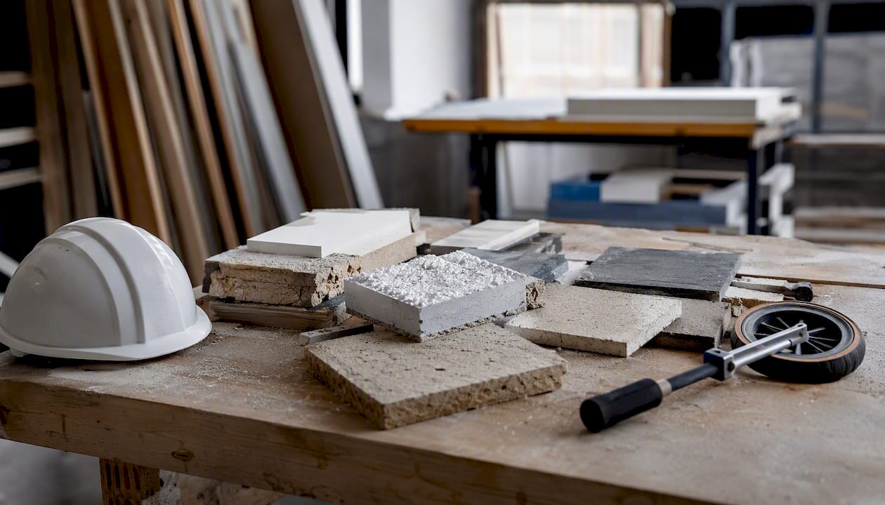 Close-up of construction material samples on workbench