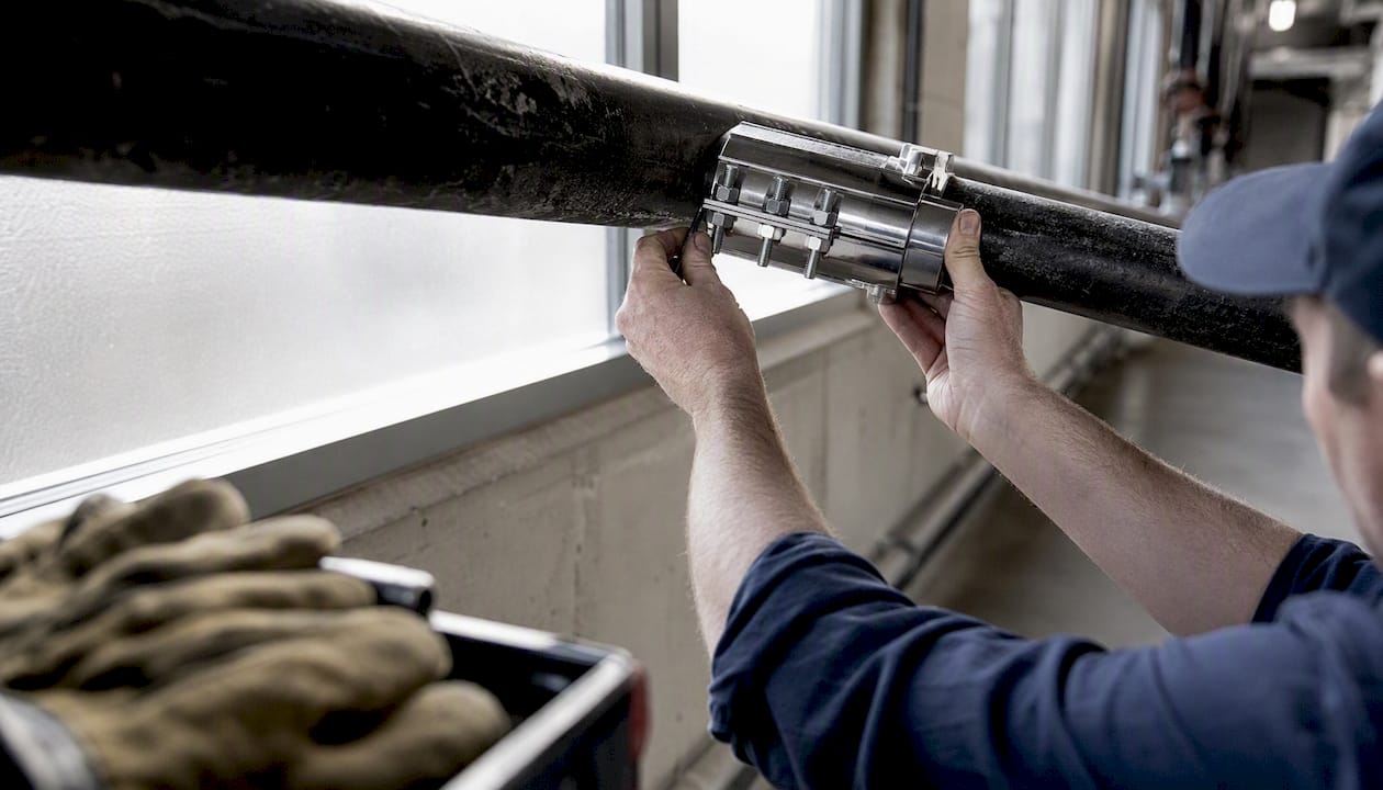 Hands installing temporary pipe repair clamp