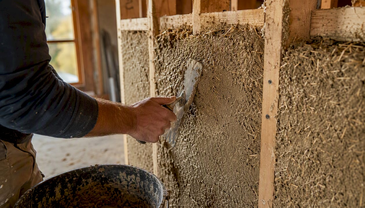 Hands applying hempcrete plaster on wall