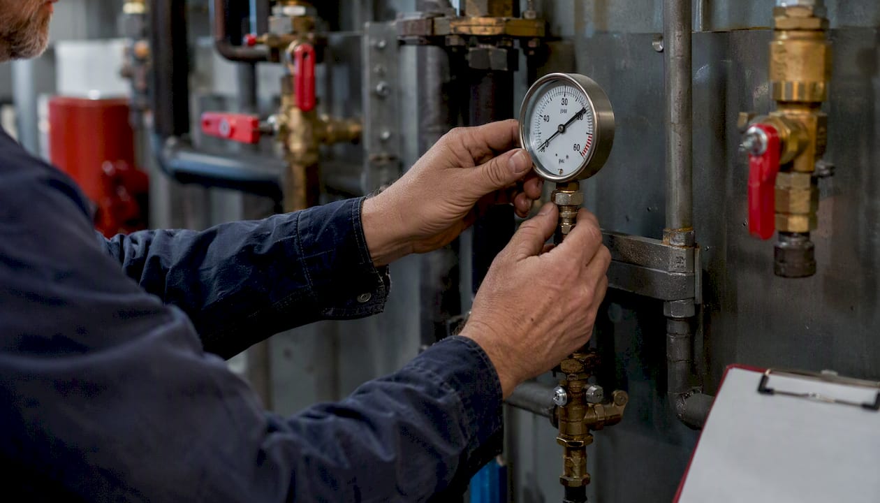 Technician hands adjusting pressure gauge on pipes