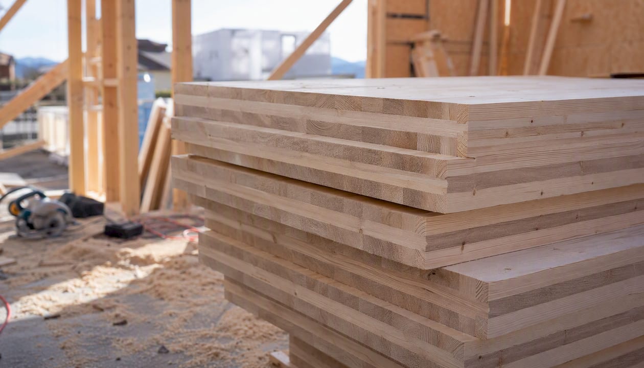 Stacked cross-laminated timber panels close-up