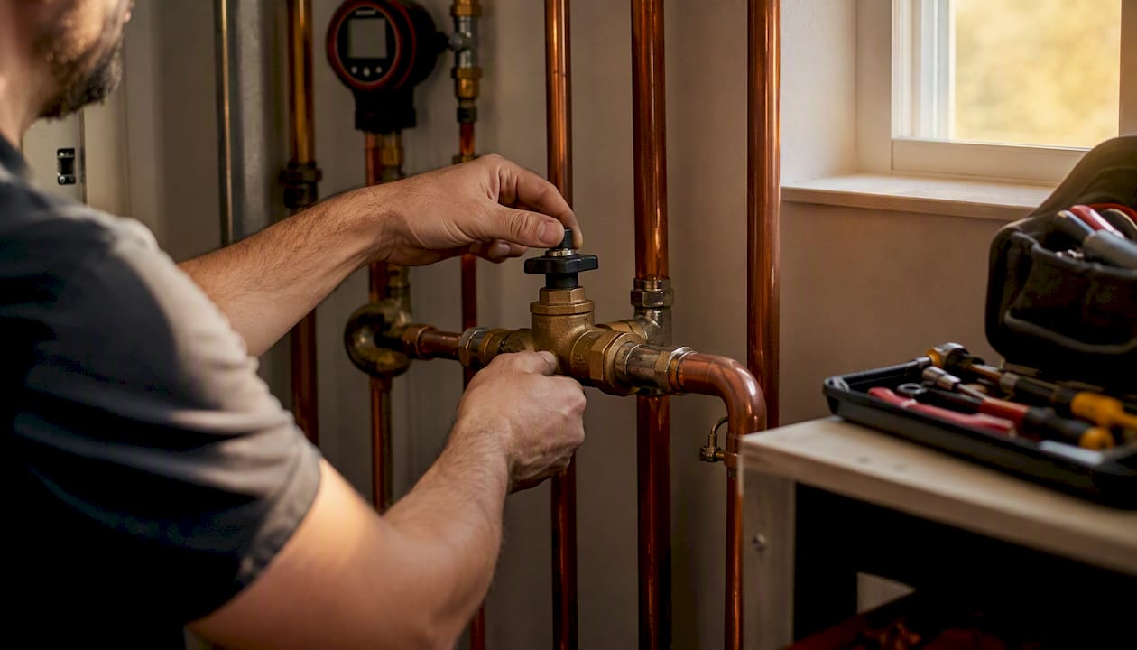 Technician adjusting valve on hydronic pipe
