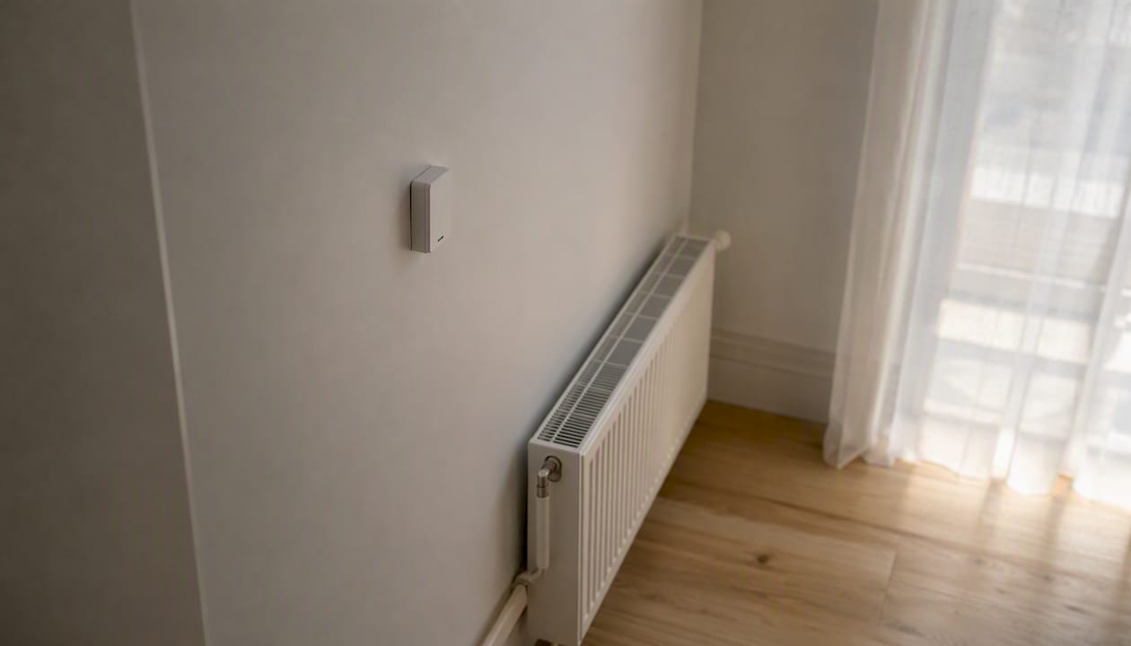 Pie sienas blakus radiatoram uzstādīts termostata sensors.
