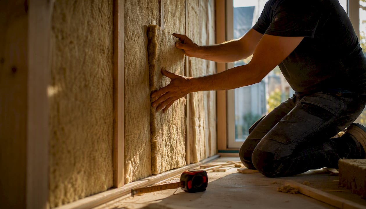 Hands installing building insulation panels