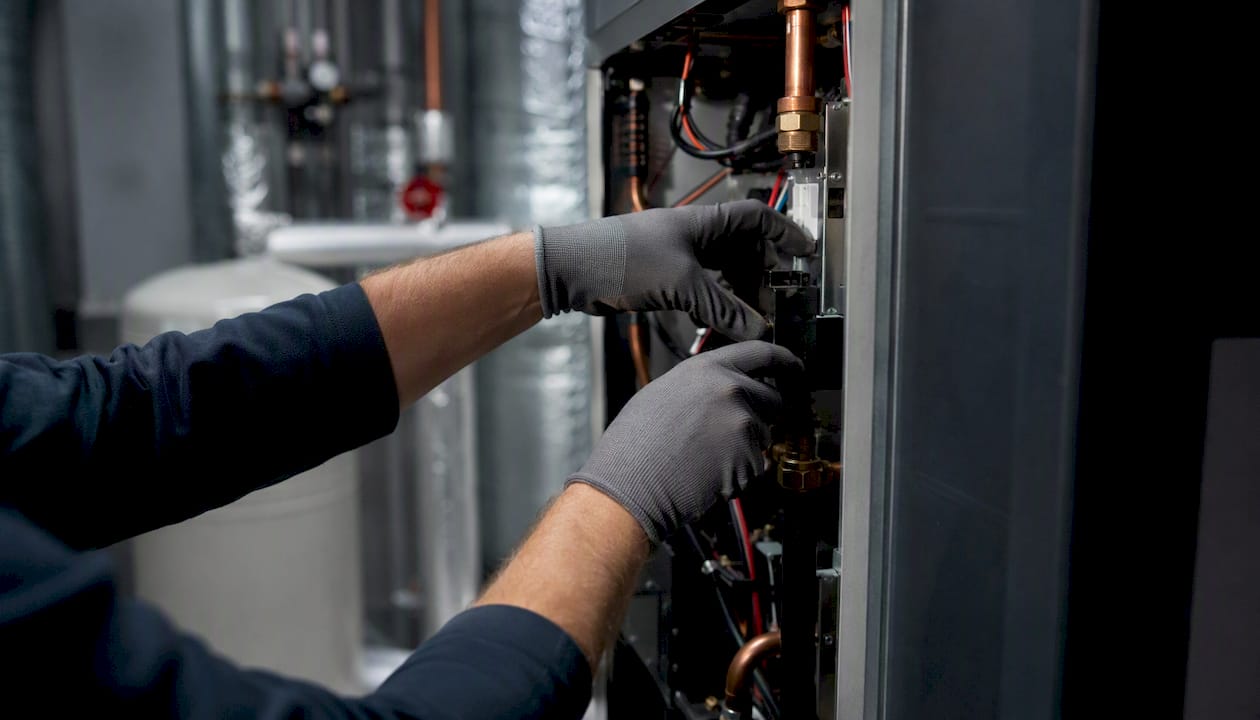 Technician hands adjusting heat pump internals