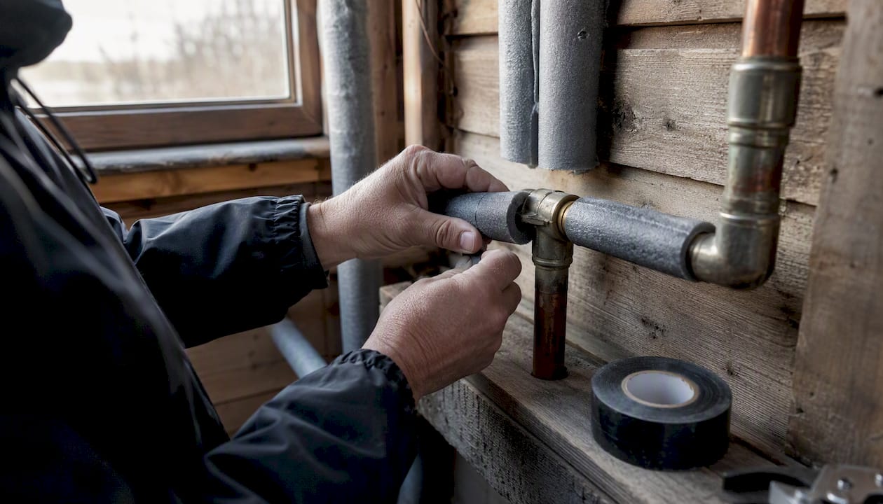 Hands installing foam pipe insulation in basement