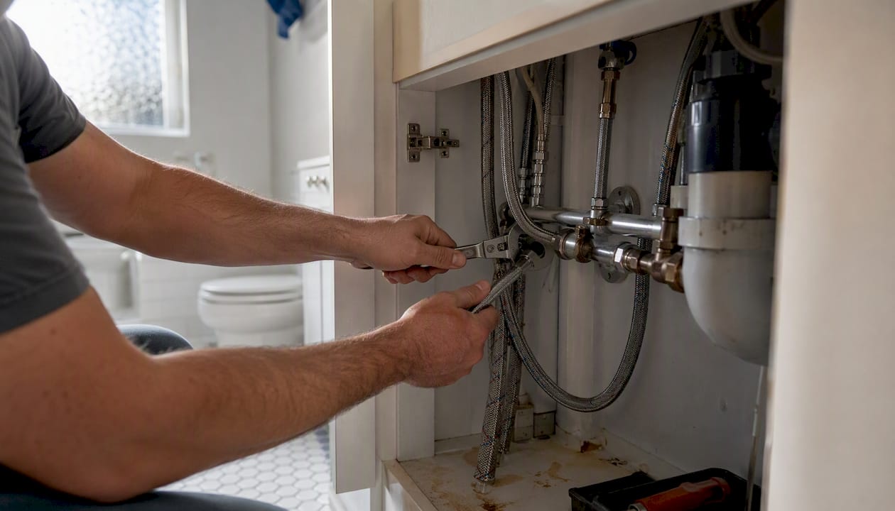 Plumber hands checking pipes under sink