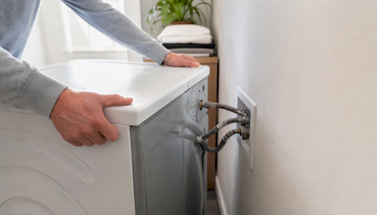 Hands inspecting washing machine supply hoses
