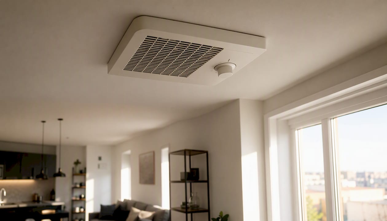 Tuvplānā pie sienas uzstādīts ventilācijas aparāts