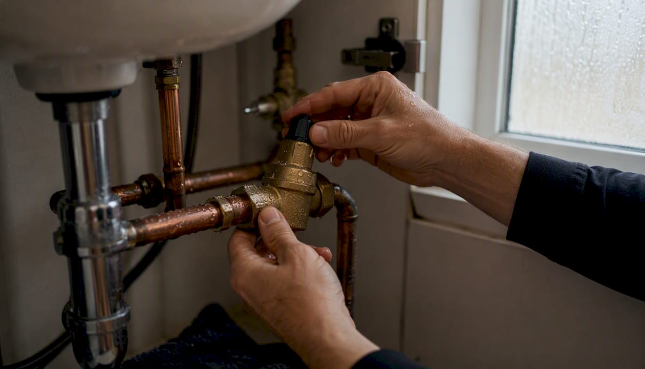 Plumber hands adjusting pressure reducing valve