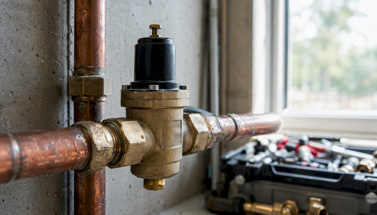 Close-up of pressure regulator on pipe