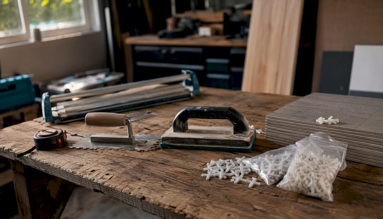 Tile installation tools and measuring tape