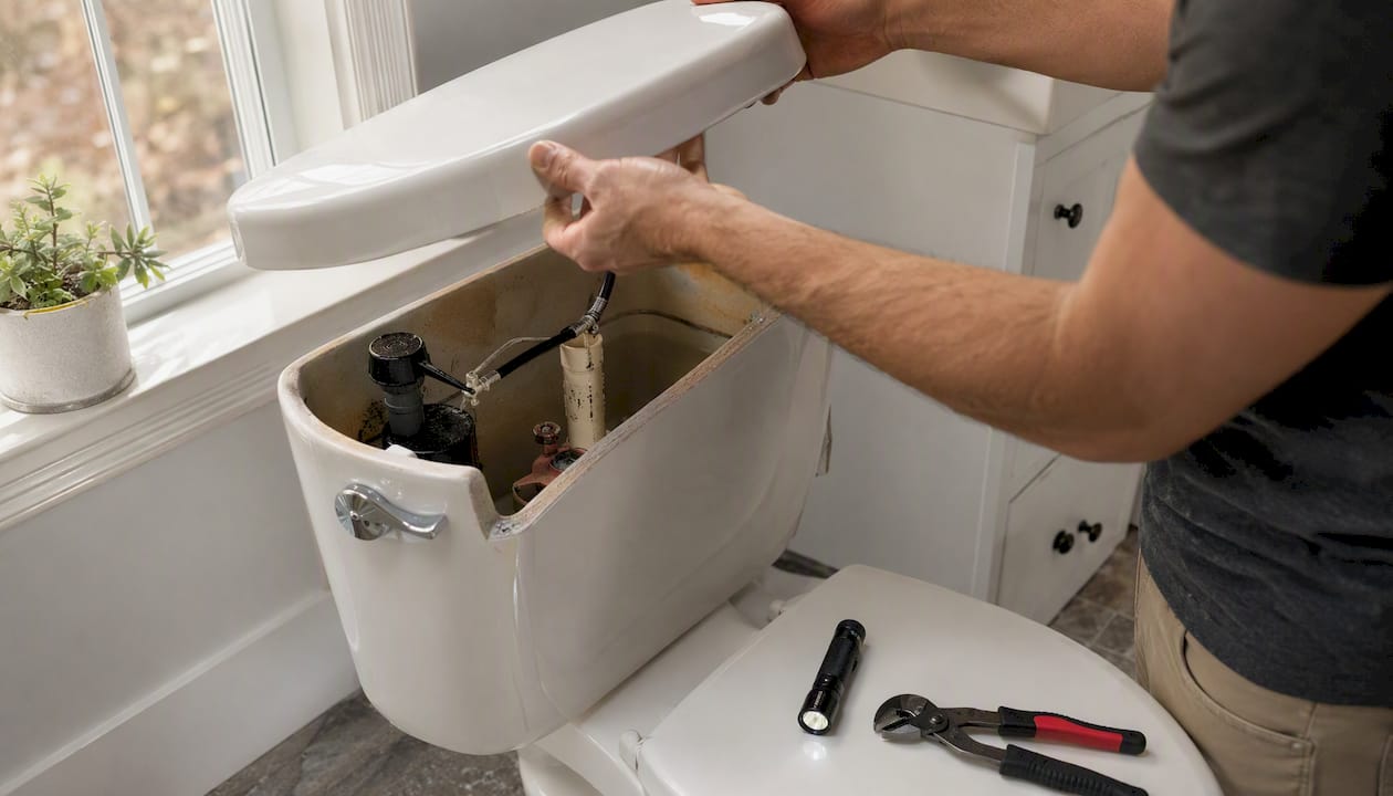 Hands inspecting toilet tank parts