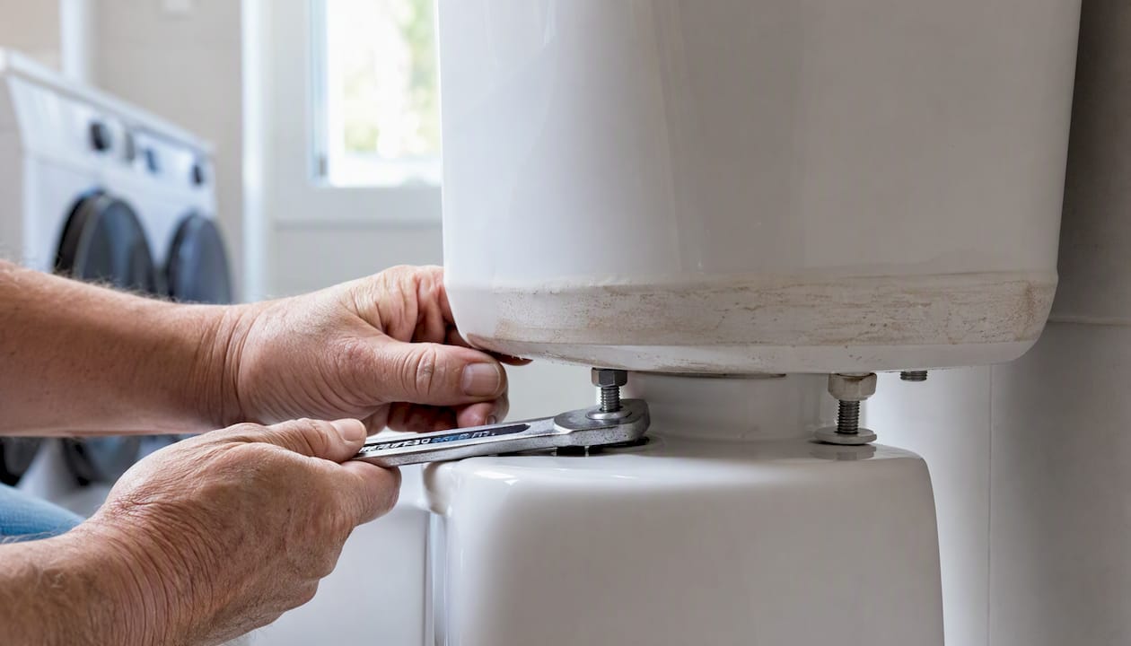 Hands tightening toilet tank bolts