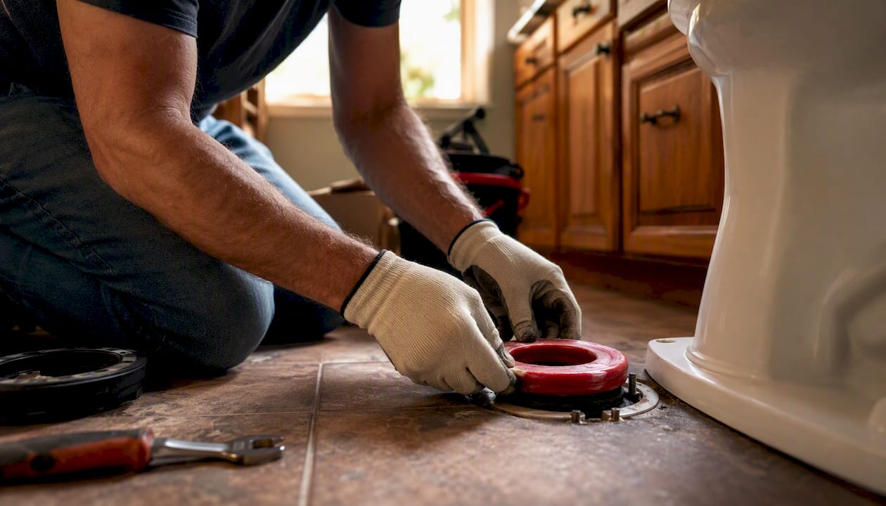Hands pressing wax ring on toilet base flange