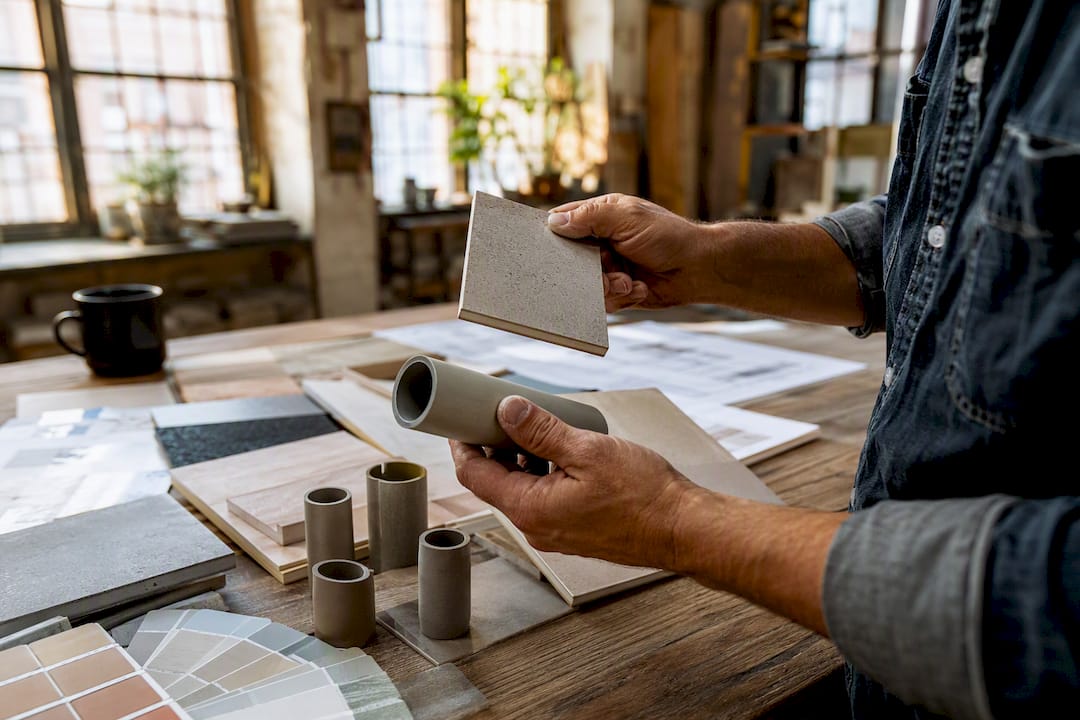 Worker hands comparing tile and pipe samples