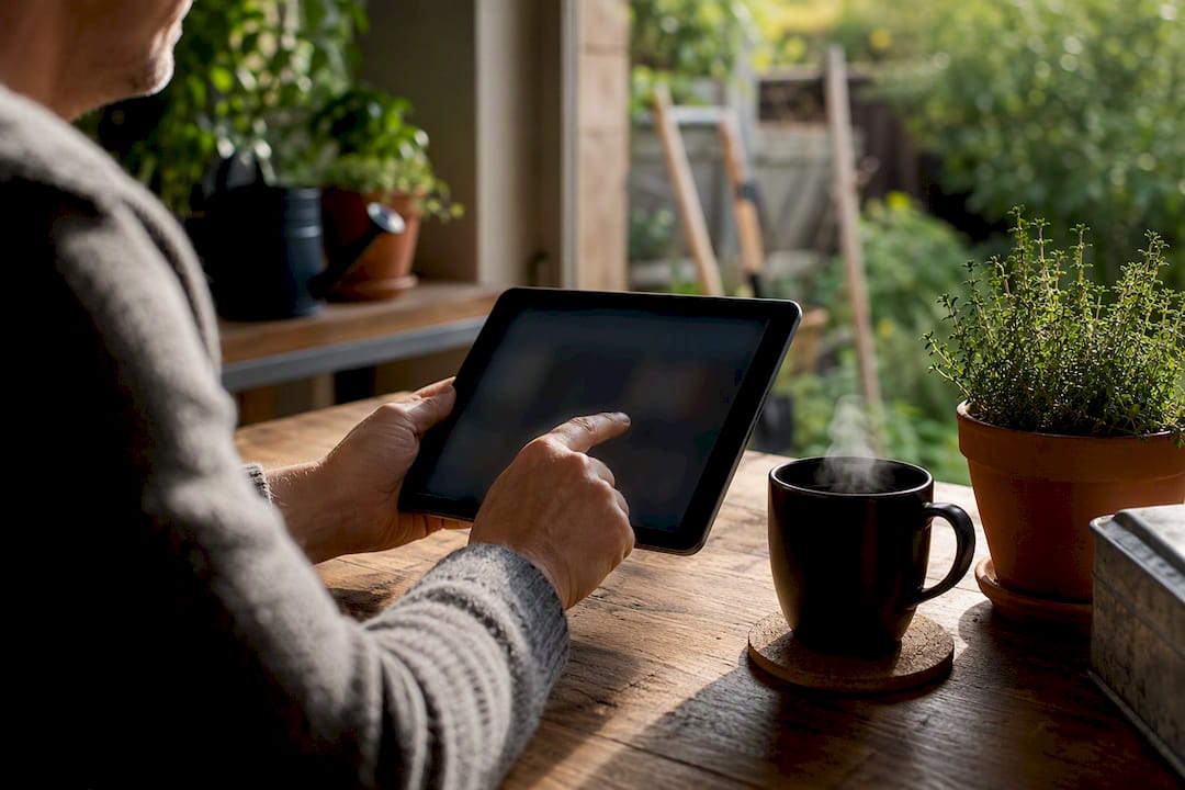 Hands browsing building materials on tablet
