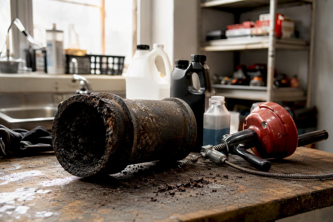 Cast iron pipe with drain cleaning supplies
