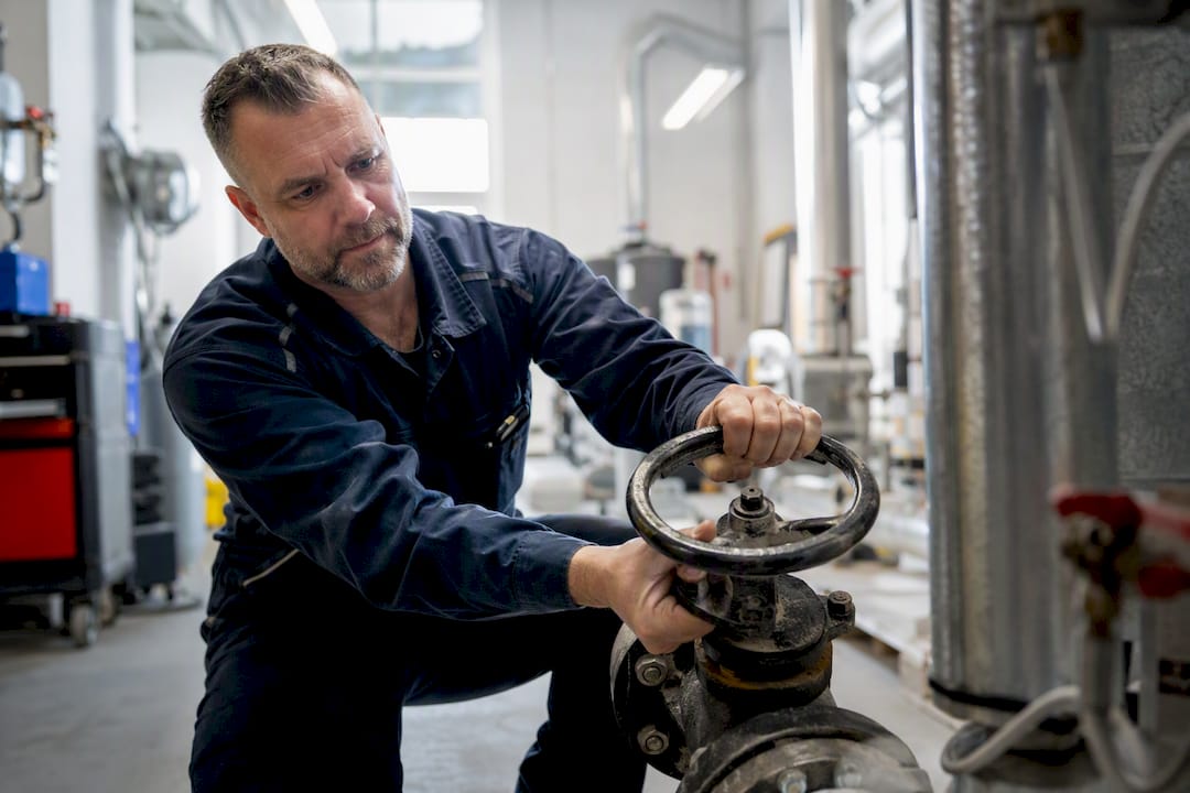 Hands turning industrial plumbing valve