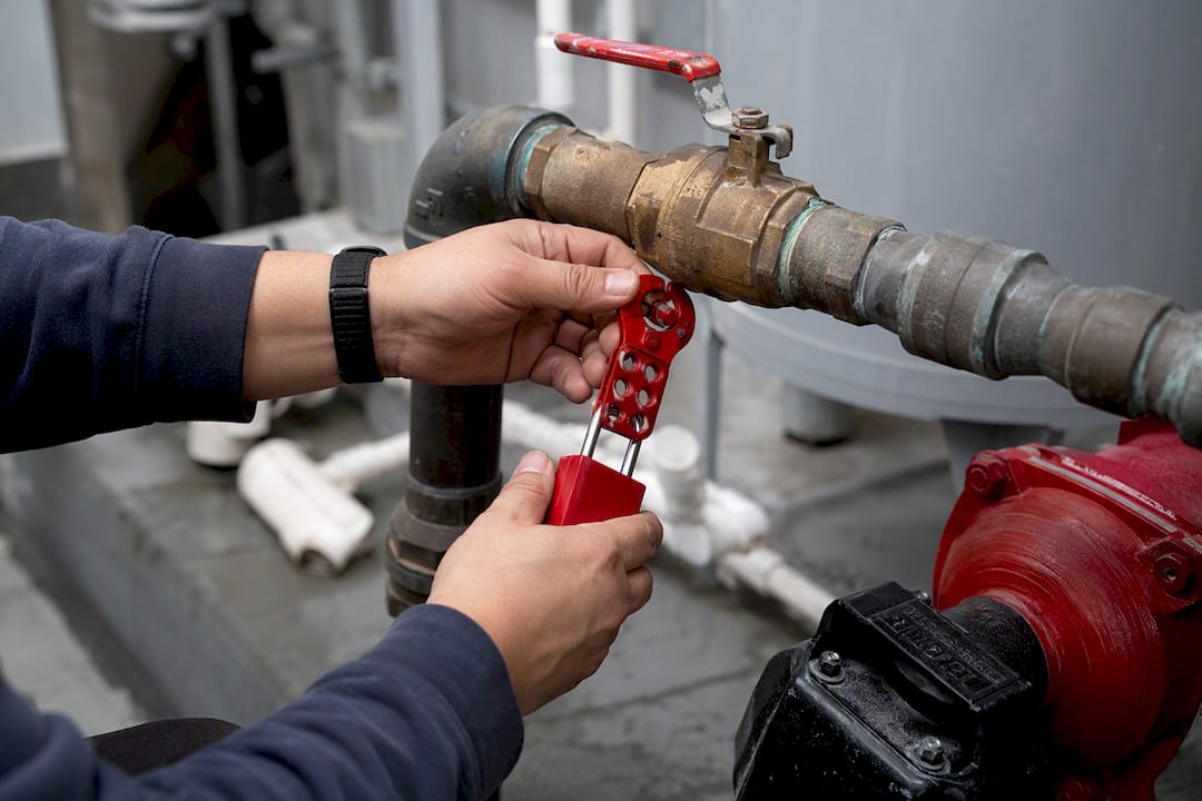 Technician locking out plumbing valve