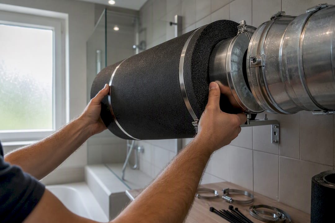 Ventilācijas sistēmas uzstādīšanas laikā tiek montēts trokšņu slāpētājs, ko rūpīgi pieliek pie caurules.