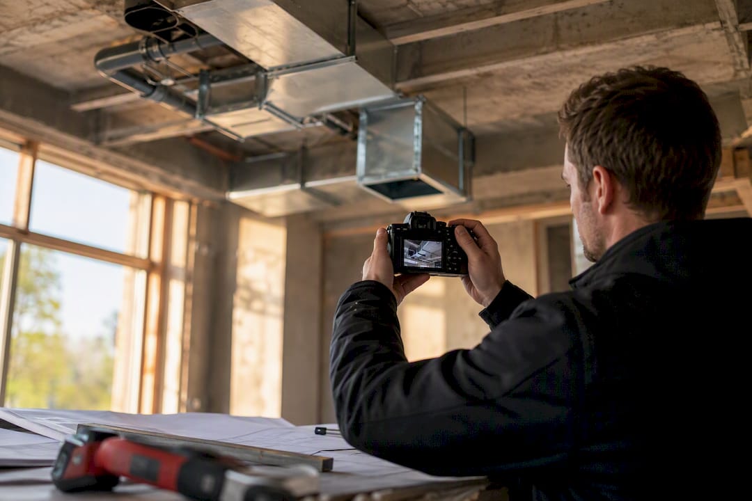 Rokas fotografē ventilācijas cauruļu uzstādīšanu