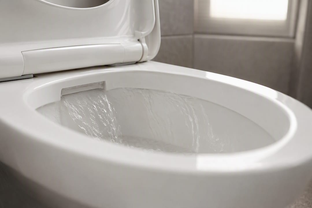 Close-up of rimless toilet bowl interior with flowing water