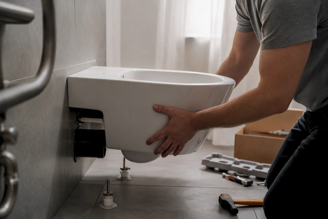 Hands installing rimless toilet bowl