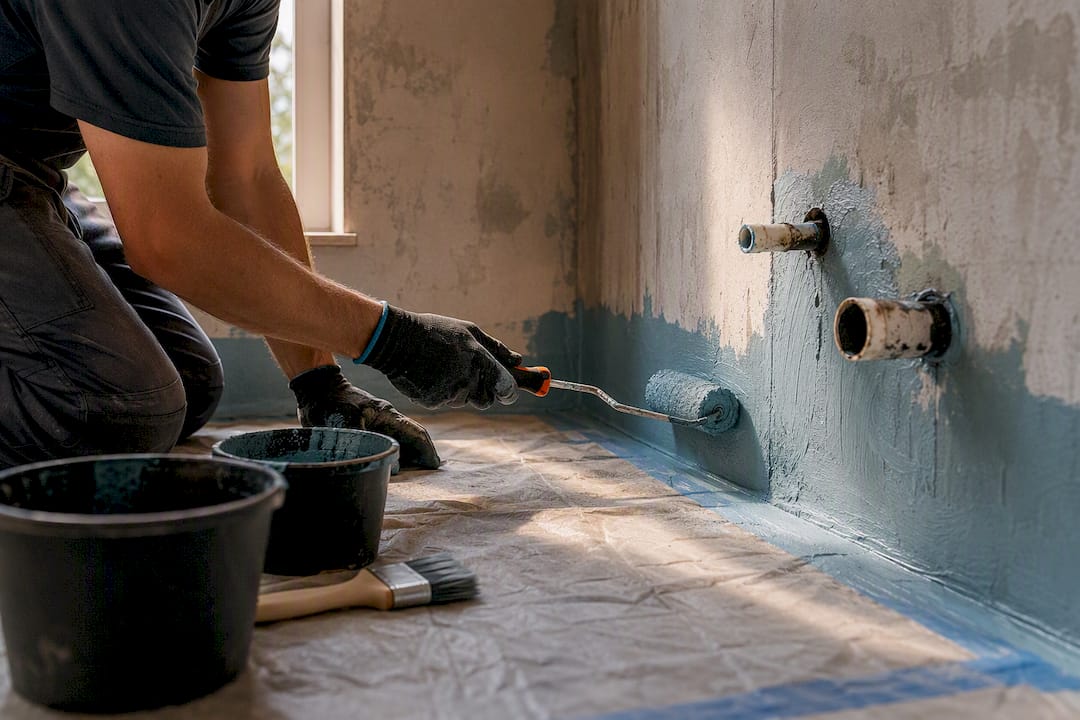 Applying waterproof membrane in bathroom corner