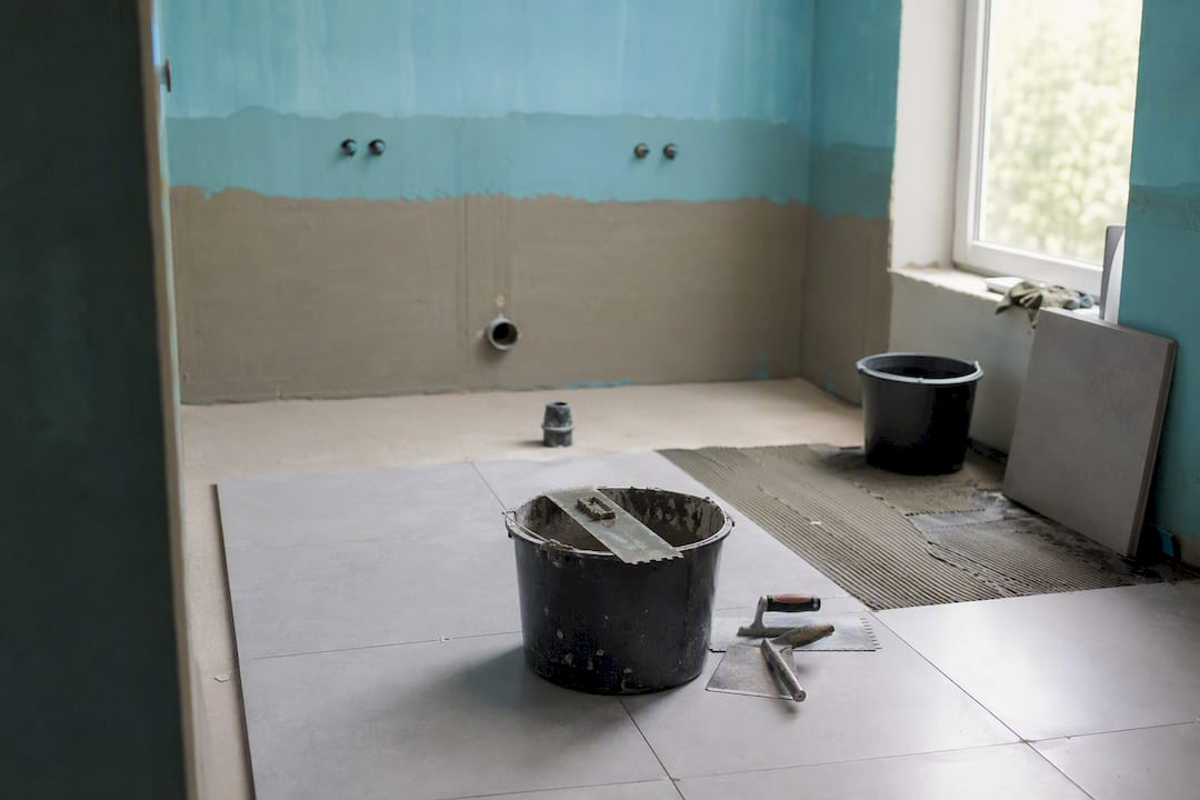Bathroom tiling tools and tiles under renovation