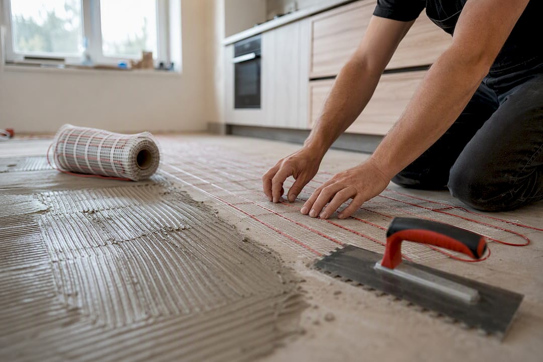 Installer laying heating cables on floor