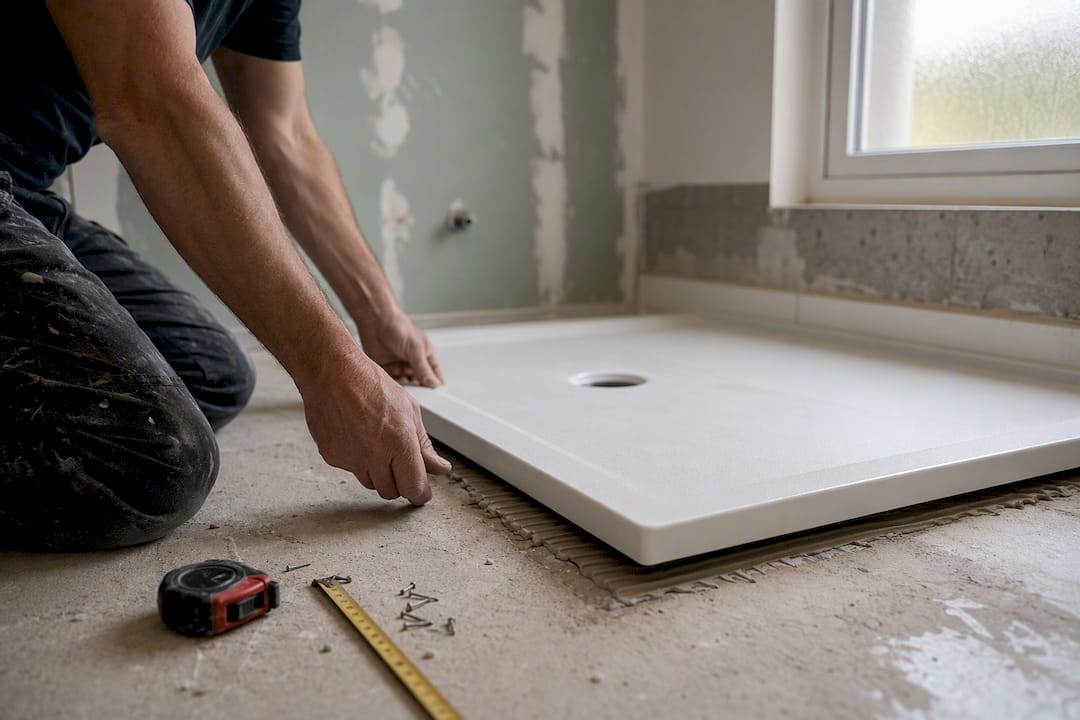 Hands installing low-profile shower tray