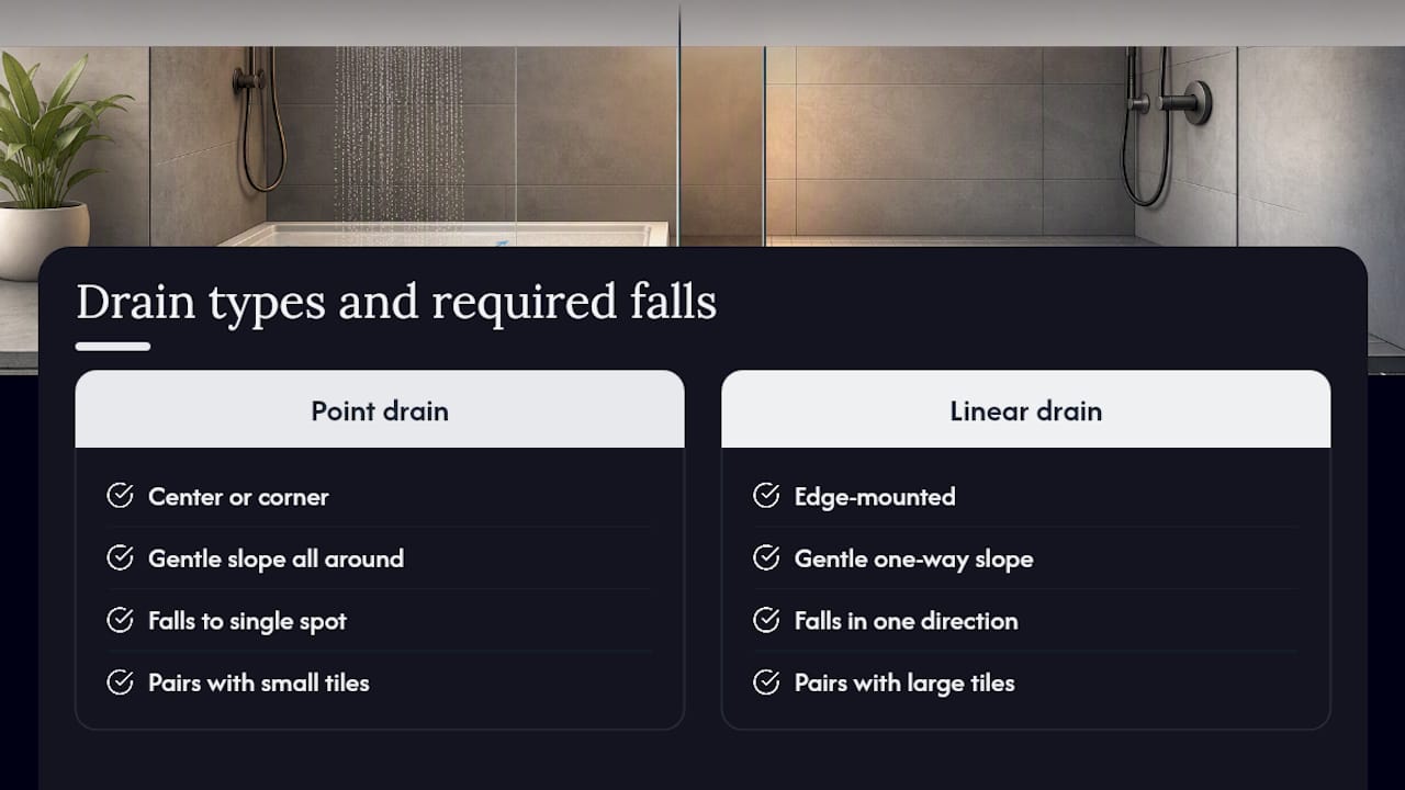 Diagram comparing point and linear drain slopes in tiled showers