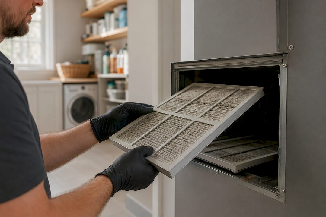 Rokas pārbauda ventilācijas gaisa filtrus telpās