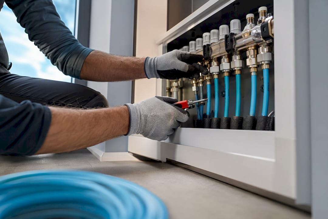Installer adjusting heating collector connections