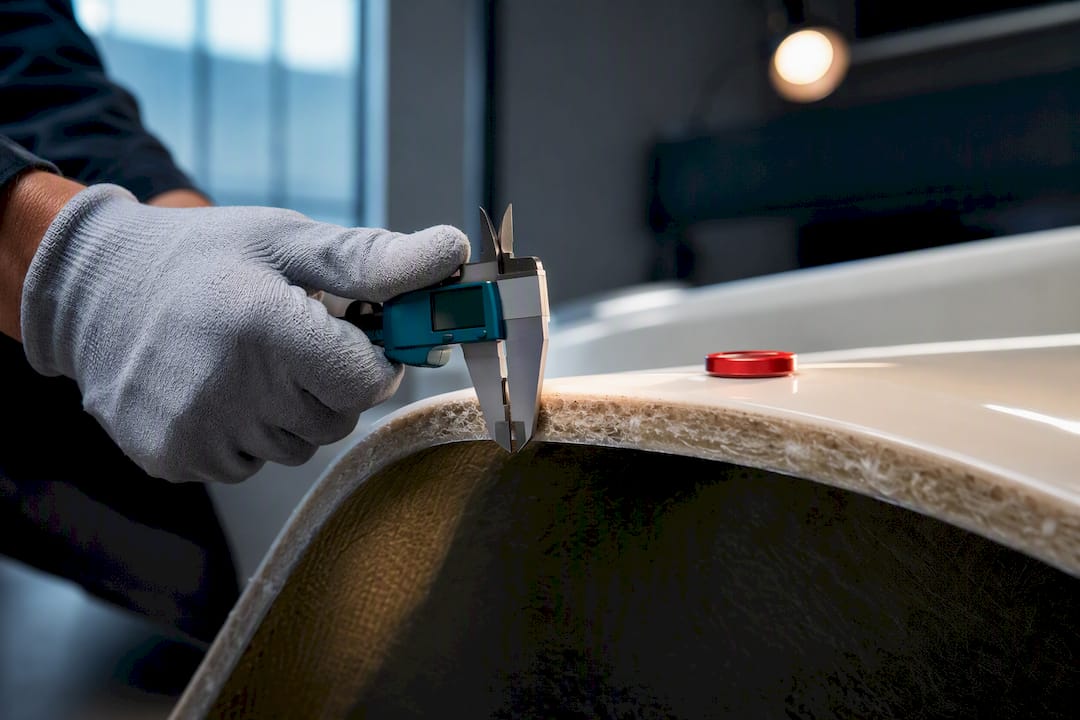 Technician measuring bathtub shell thickness