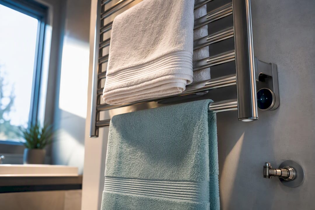 Cropped towel warmers in modern bathroom