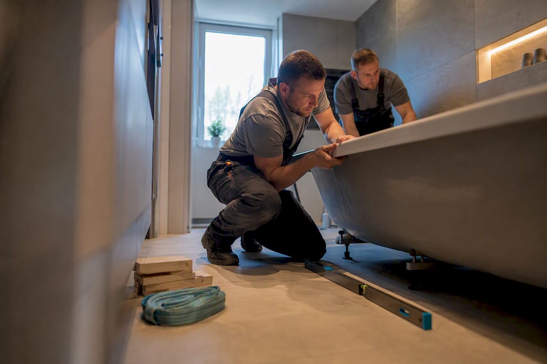 Installers positioning a bathtub in a bathroom