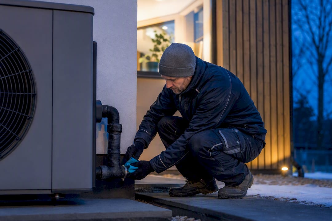 Technician inspecting heat pump connections