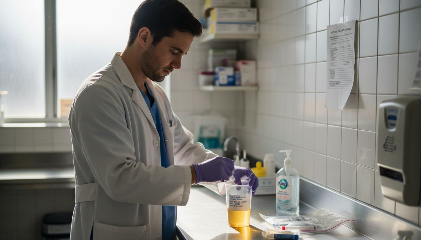 Medical assistant labeling urine specimen container