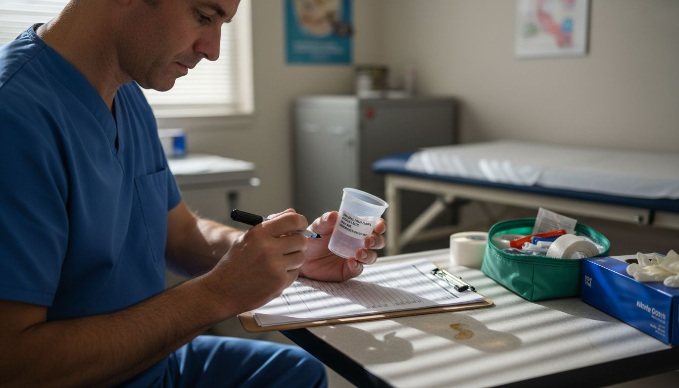 Technician labeling urine drug test cup