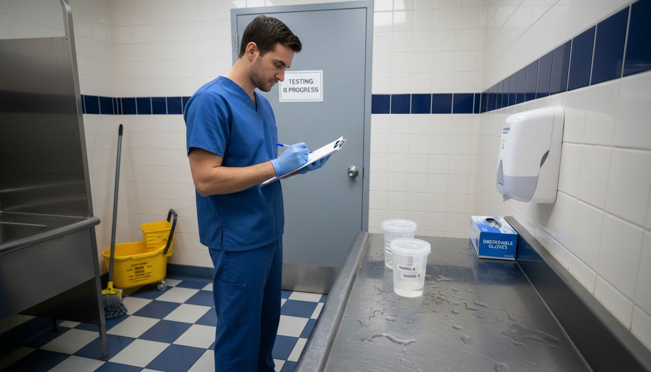 Lab tech records urine test samples in restroom
