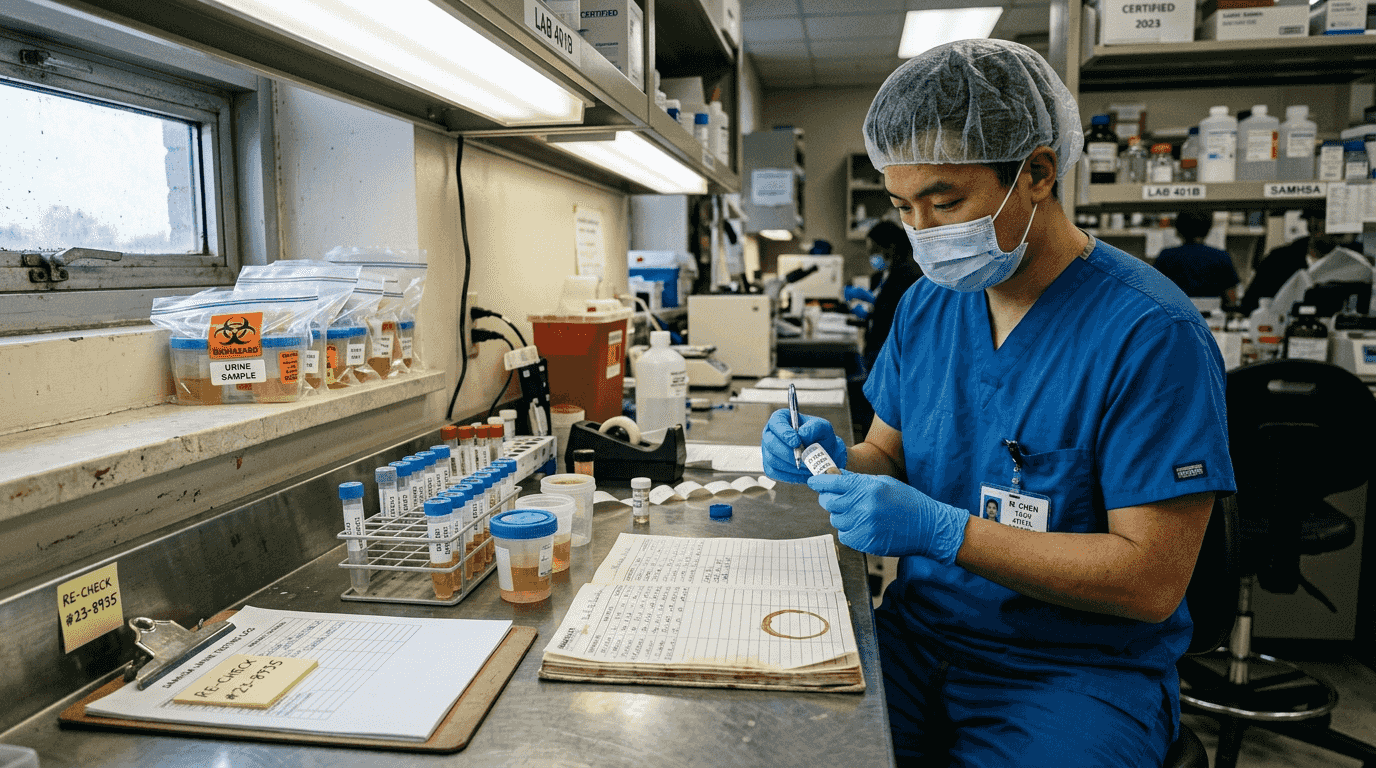 Lab technician labeling drug test samples