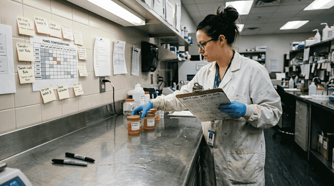 Technician sorting multi-panel drug test cups