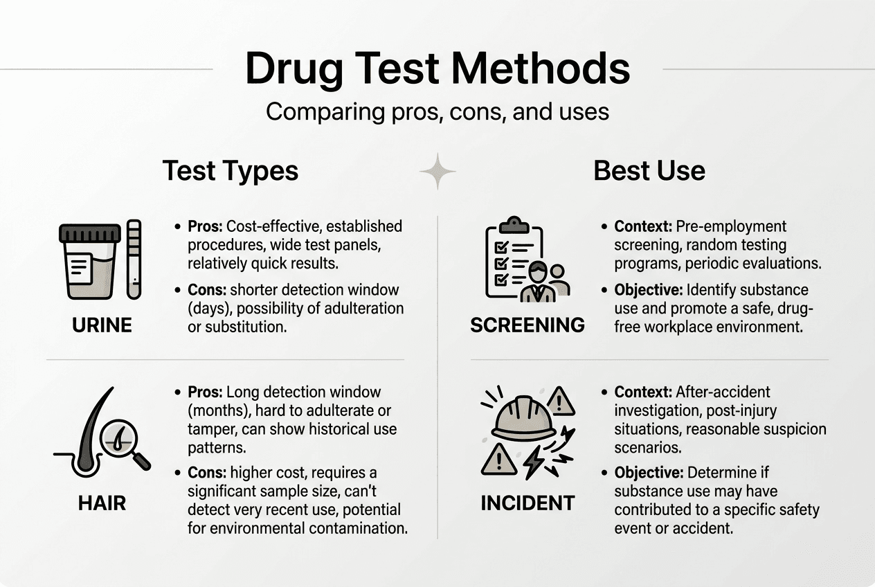 Infographic comparing workplace drug test methods