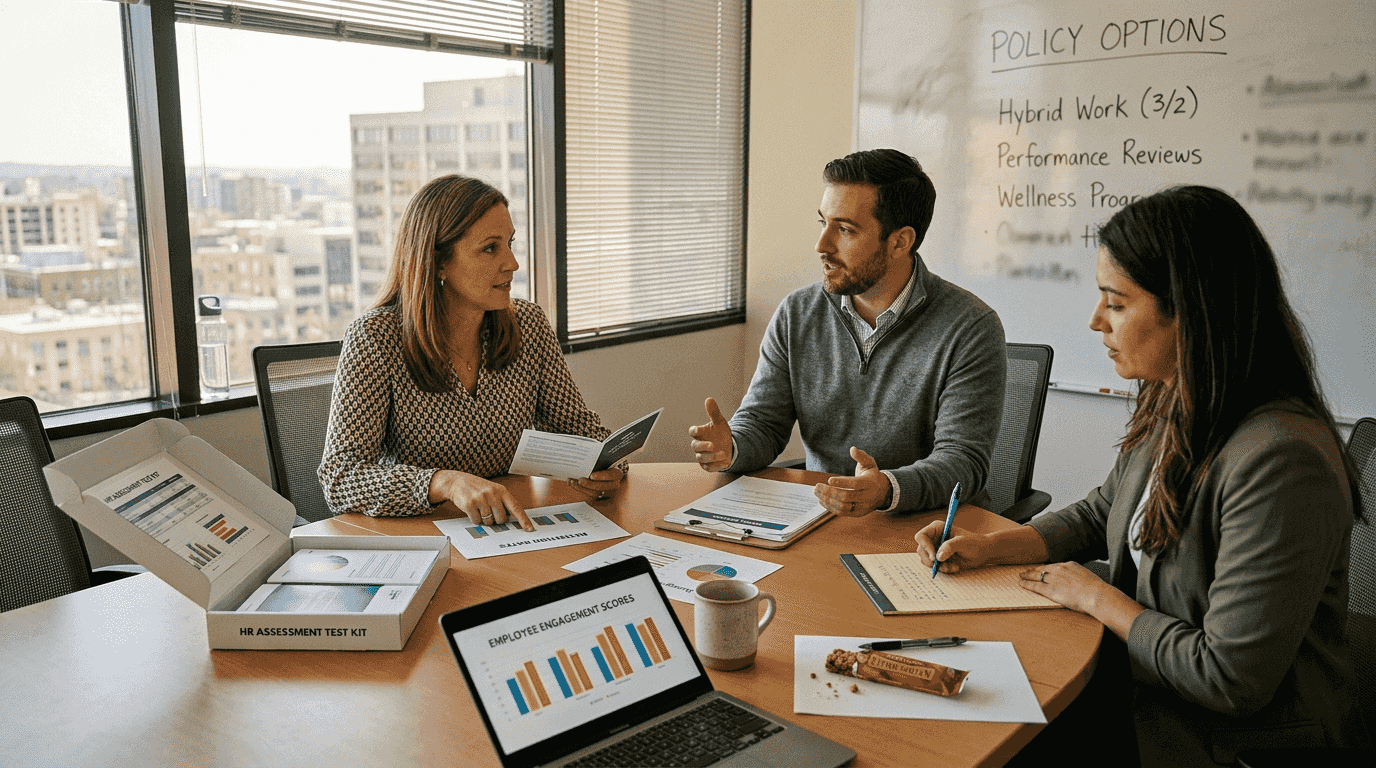 HR team comparing drug test methods at meeting